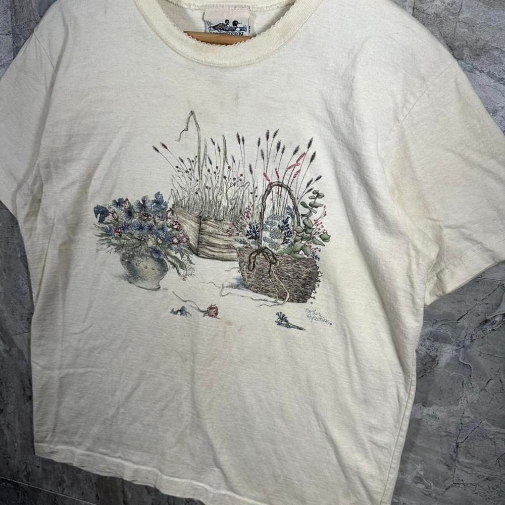 Vintage 90s Northern Reflections cream Embroidered Floral Garden tee shirt Large - Picture 2 of 7